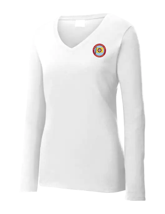 Womens  V-Neck Ring Spun White 4.5 oz Long Sleeve T-Shirt w/E.N. Bisso Logo