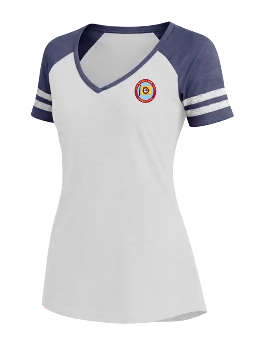 Womens White/Navy Heather V-Neck Game Tee w/E.N. Bisso Logo